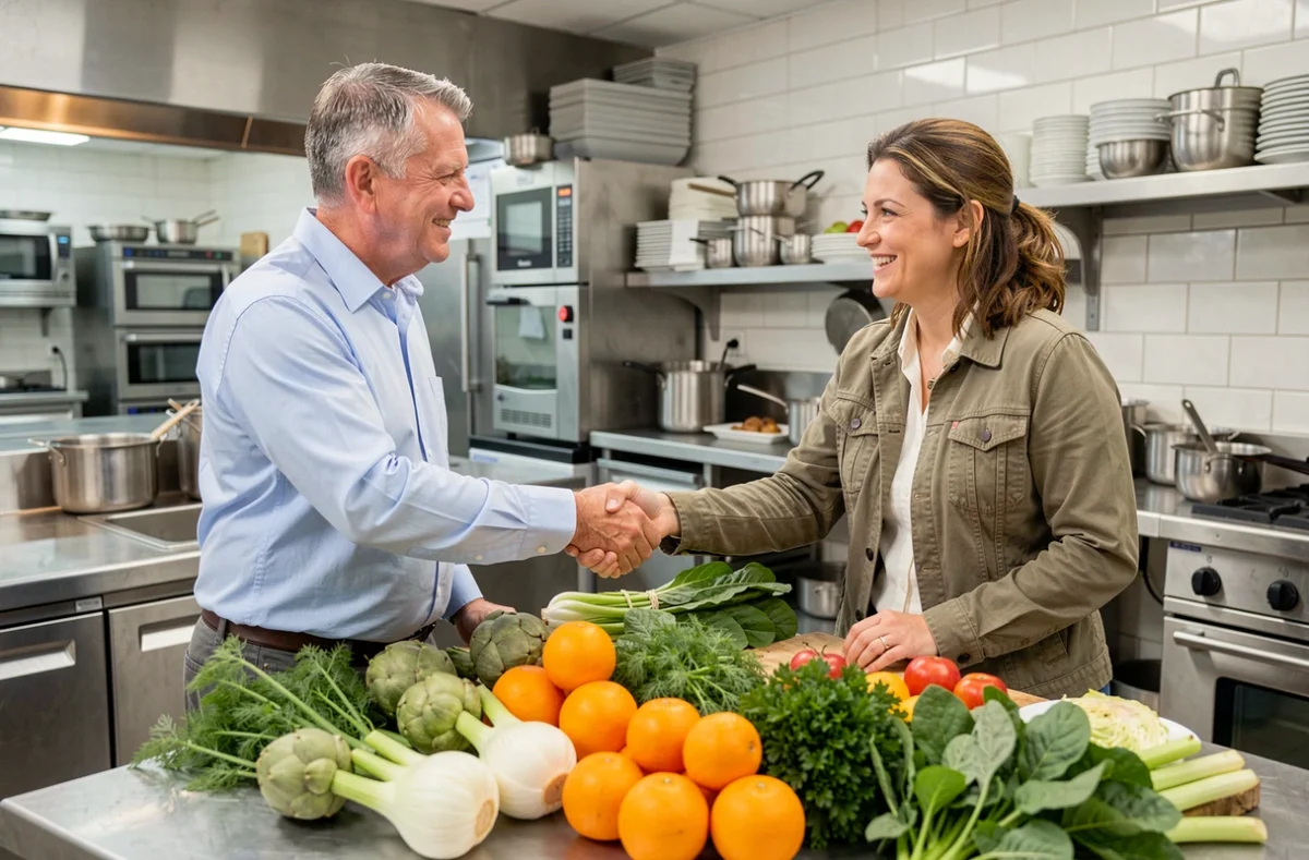 Accord commercial entre un responsable de restaurant et un fournisseur de fruits et légumes frais professionnels