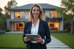 Agent immobilière professionnelle devant une maison moderne en 2024, tenant une tablette avec des annonces immobilières