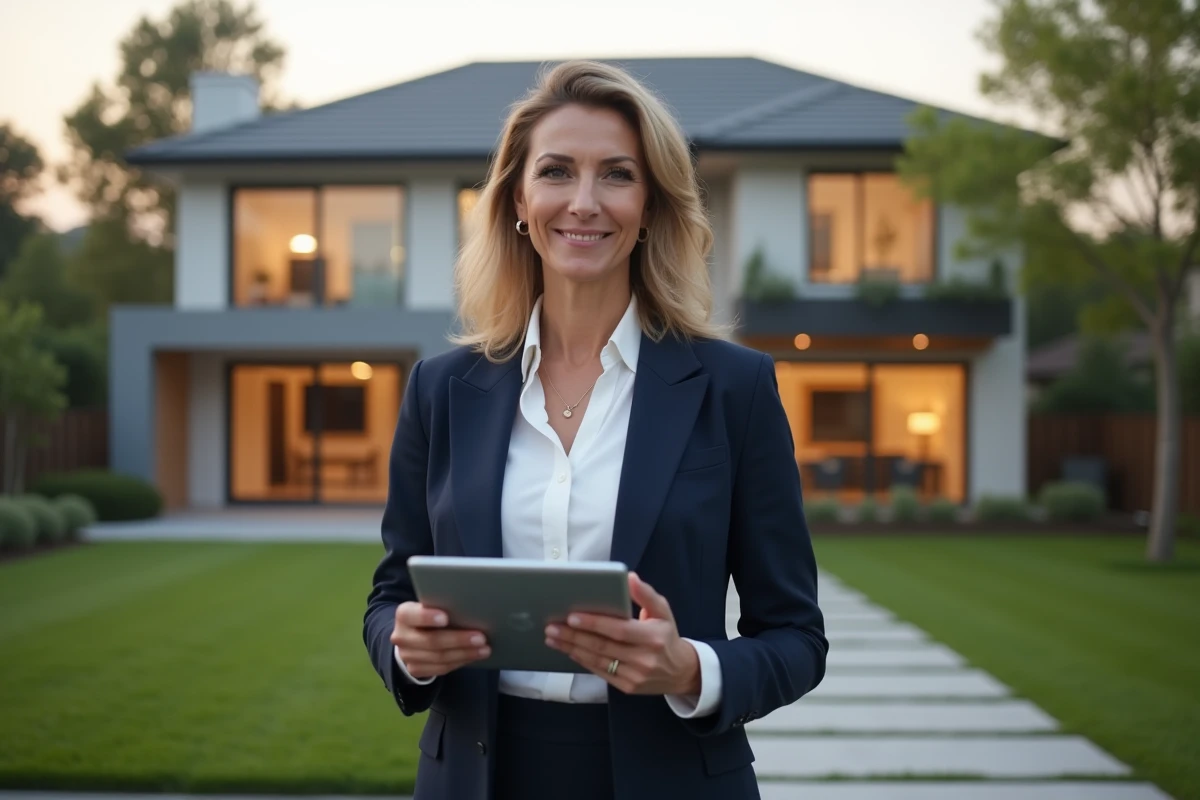 Agent immobilière professionnelle devant une maison moderne en 2024, tenant une tablette avec des annonces immobilières
