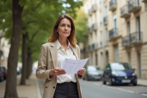 Femme agent immobilier devant un immeuble résidentiel dans une ville moyenne française