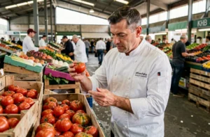 Chef professionnel inspectant des tomates fraîches dans un marché de gros pour choisir un fournisseur de fruits et légumes