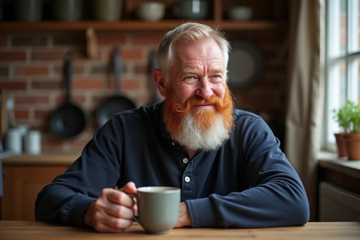 Homme de 65 ans aux cheveux et barbe roux virant au blanc, portrait réaliste illustrant le vieillissement capillaire naturel du roux au blanc