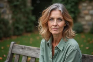 Femme de 58 ans aux cheveux roux naturellement blanchissants, assis dans un jardin en automne, illustrant la transition capillaire liée à l'âge