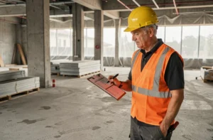 Conducteur de travaux inspectant une liste de contrôle lors de la réception de chantier dans un bâtiment en construction