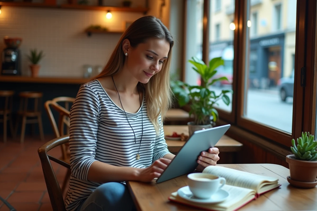 Jeune femme consultant un sitemap de site de voyage sur une tablette dans un café urbain avec journal de voyage ouvert