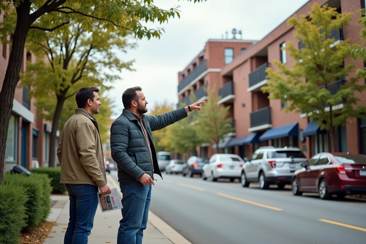 Couple de futurs acquéreurs observant un quartier résidentiel en cours de transformation urbaine