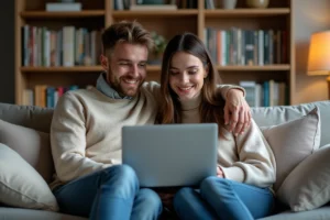 Jeune couple souriant regardant un ordinateur portable dans un salon cosy