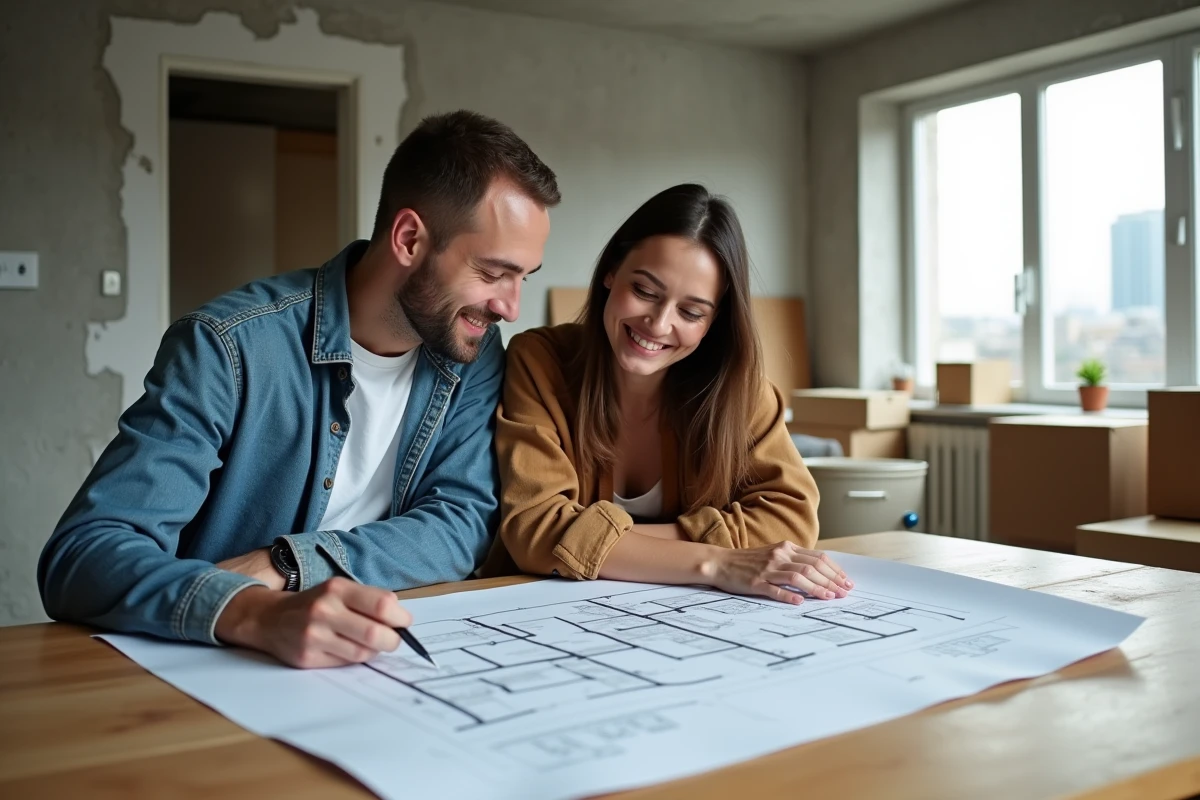 Couple étudiant des plans d'appartement lors d'un projet d'investissement immobilier urbain en rénovation