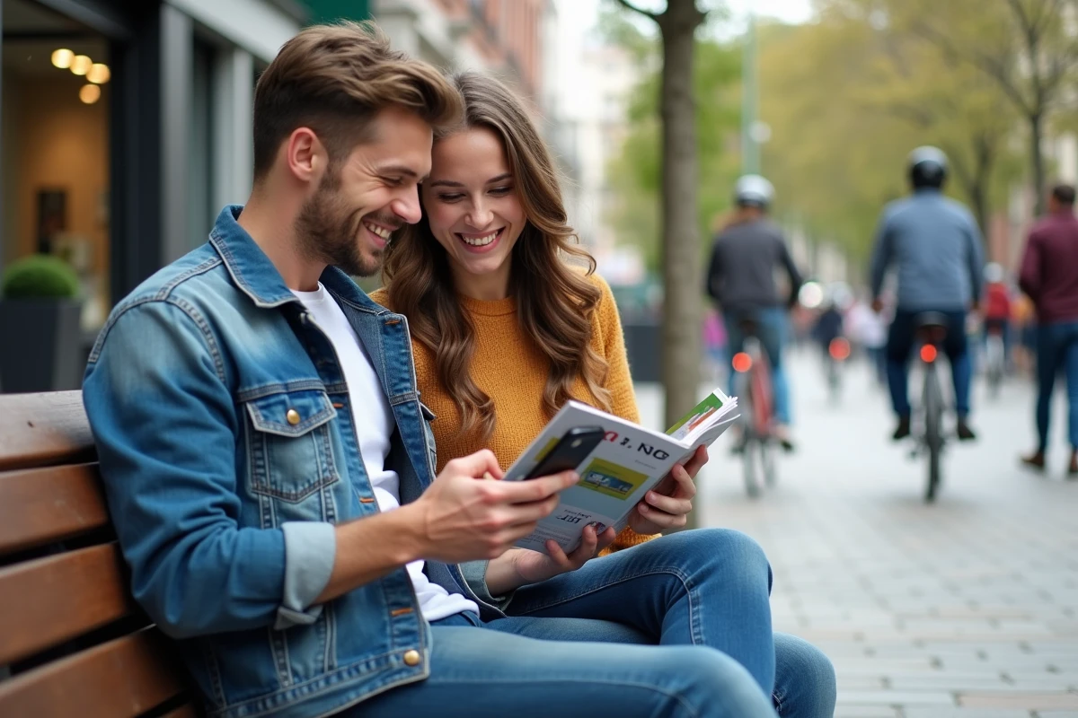 Jeune couple riant avec brochure de voyage en ville