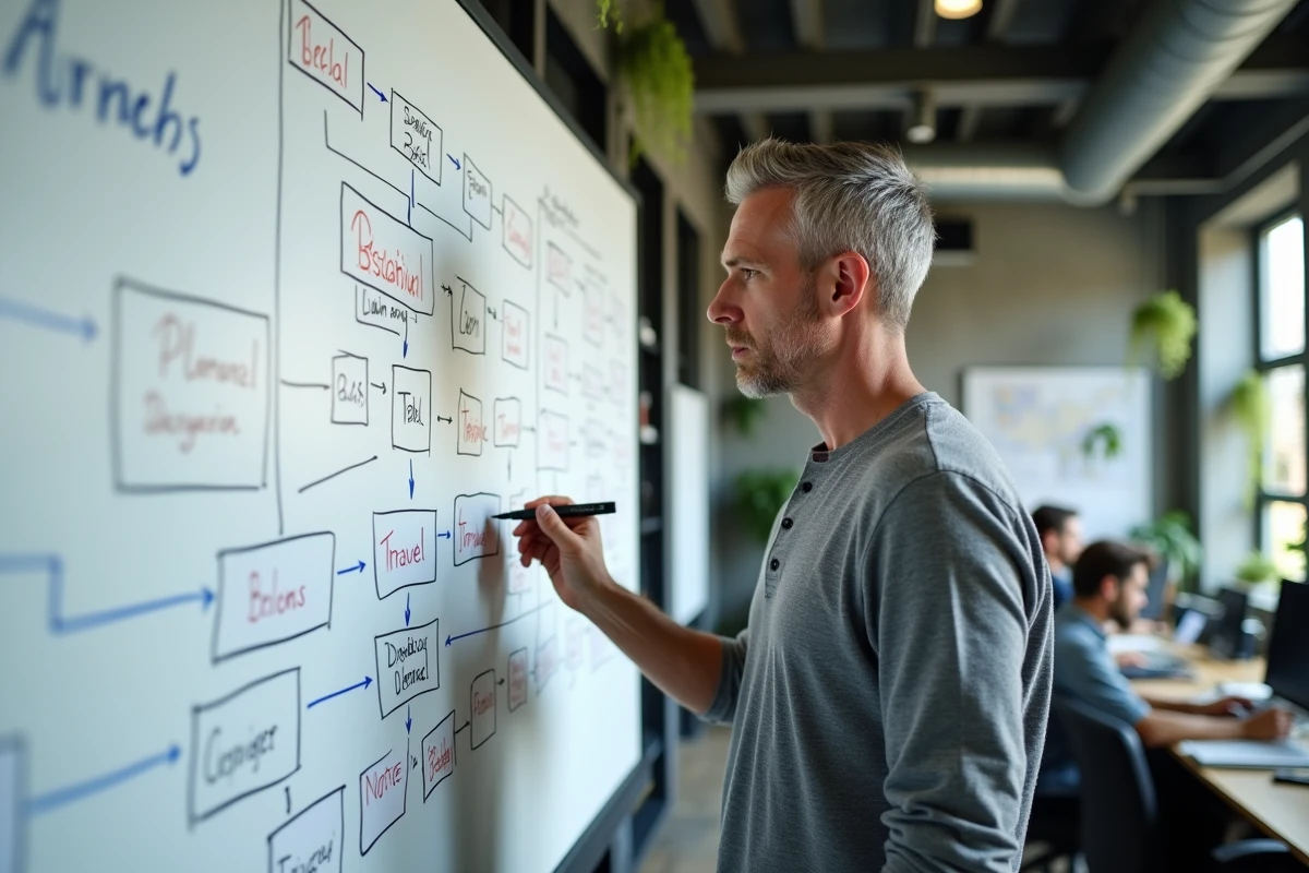 Homme dessinant la structure d'un sitemap de site de voyage sur un tableau blanc dans un espace de co-working moderne