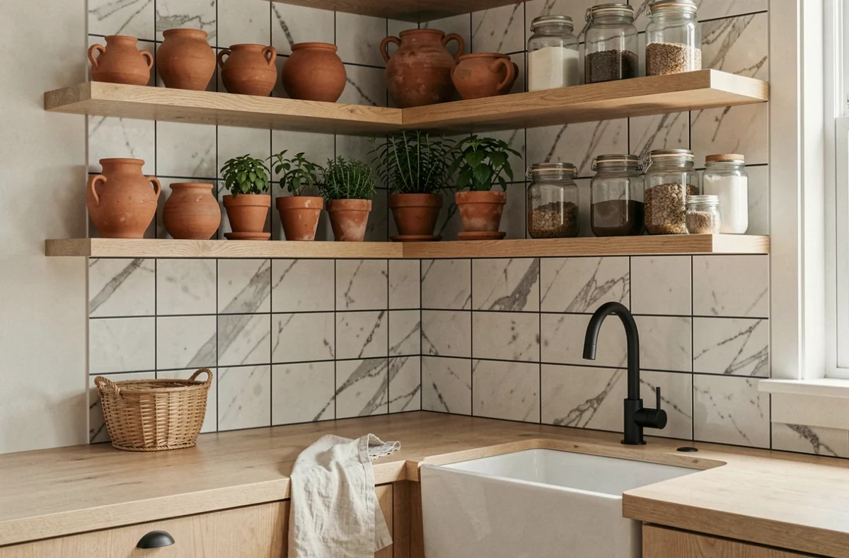 Étagères flottantes en chêne avec poteries artisanales et herbes aromatiques dans une cuisine moderne au style tendance