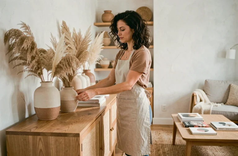 Femme arrangeant une décoration intérieure scandinave avec des vases en céramique et de l'herbe de pampa séchée sur un buffet en bois