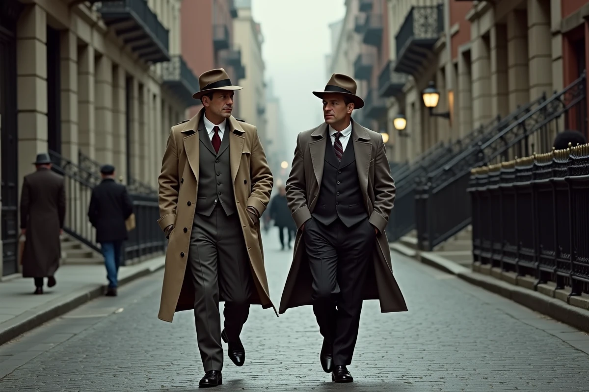 Deux hommes marchant dans une rue historique du XIXe siècle