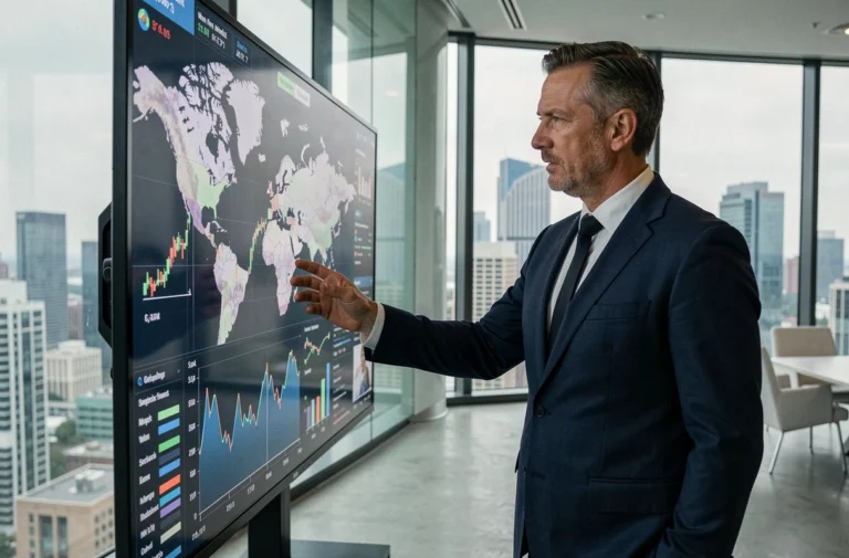 Cadre dirigeant en costume marine interagissant avec un tableau de bord numérique affichant des données économiques mondiales dans un bureau moderne vitré