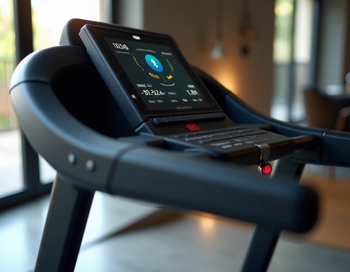 Gros plan sur l'écran connecté et les capteurs du tapis de course Sportstech F17