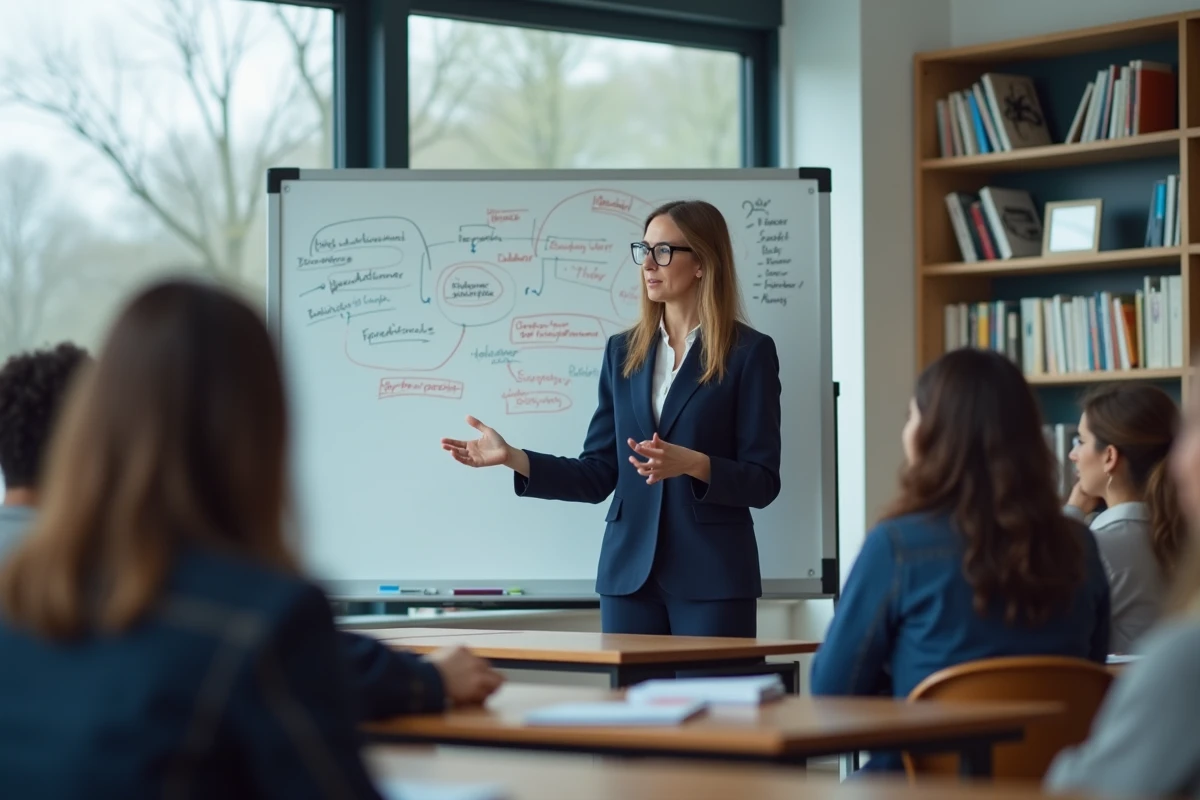 Enseignante expliquant un cadre pédagogique au tableau dans une salle de séminaire universitaire moderne