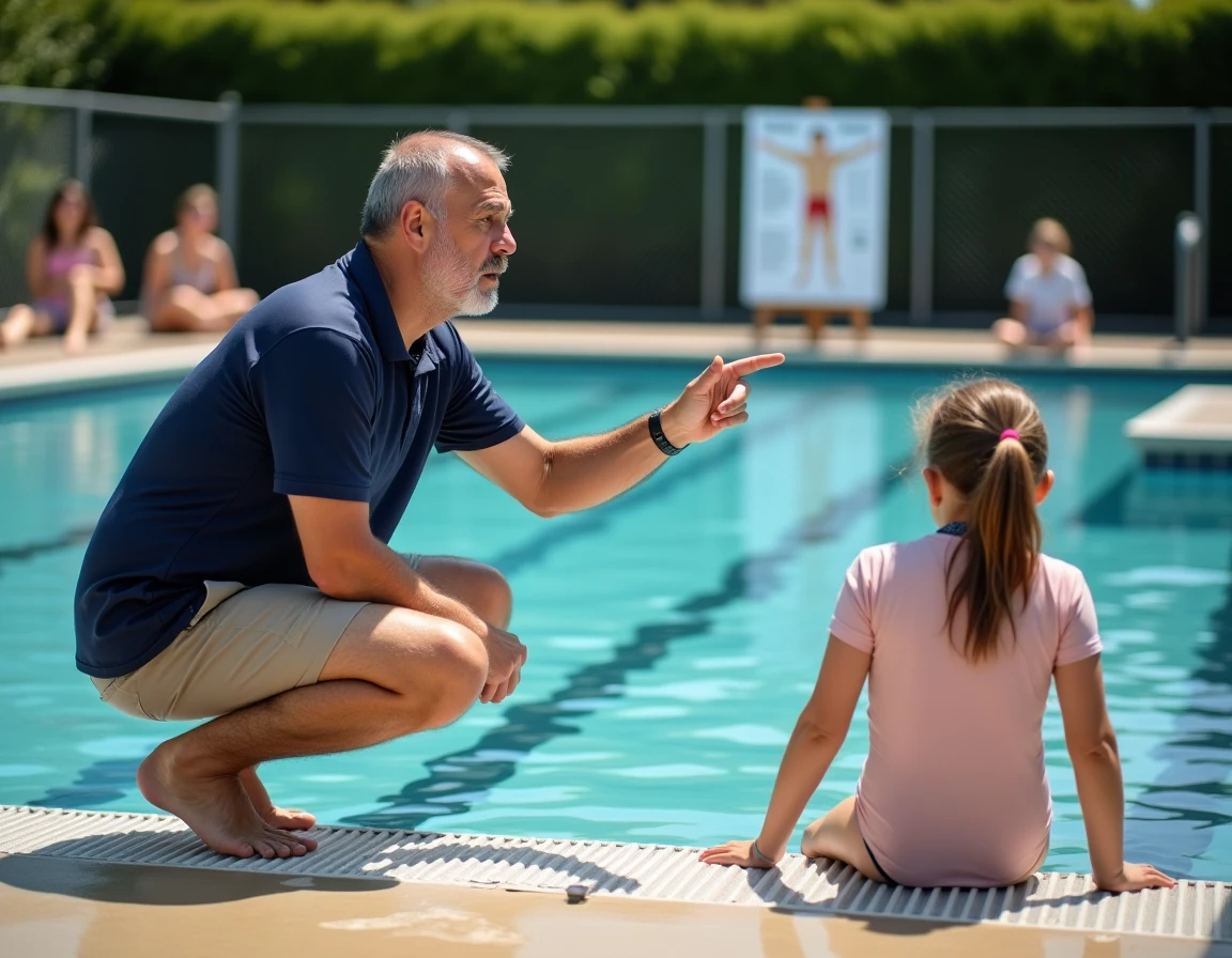 Entraîneur de natation expliquant les principes de flottabilité et de densité corporelle à des adultes au bord d'une piscine