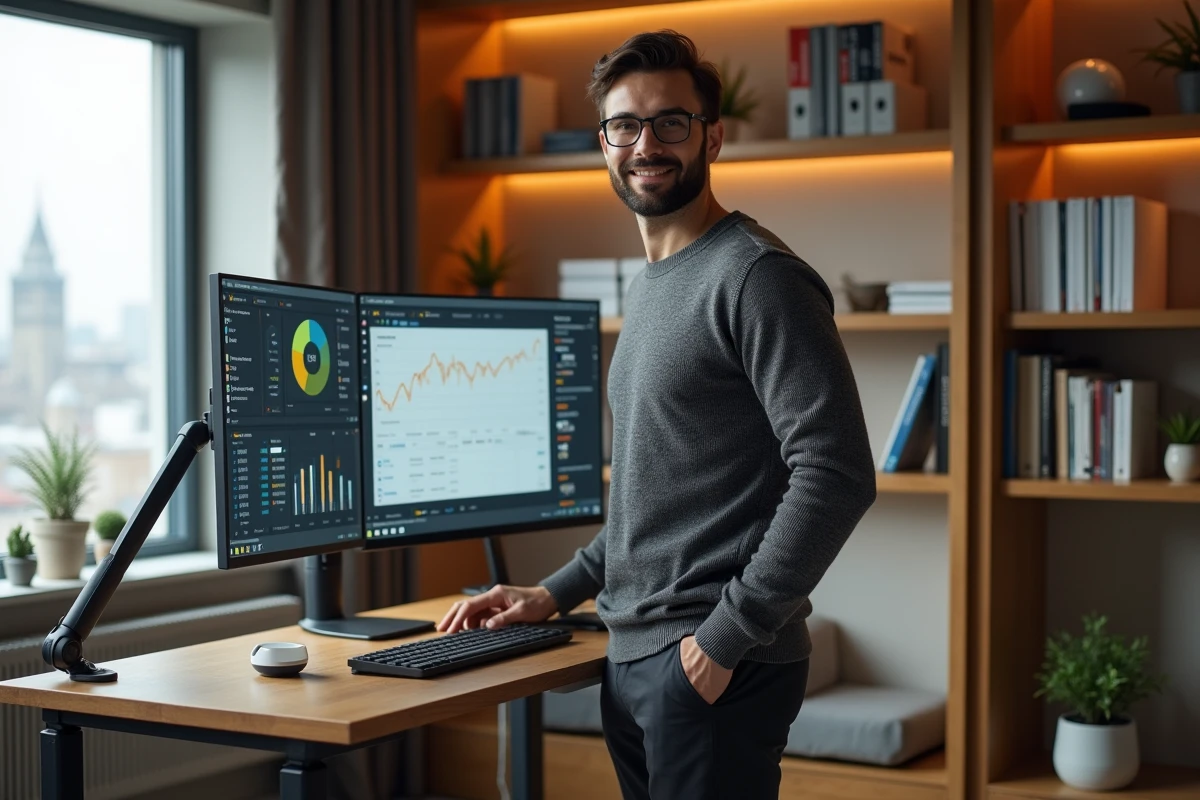 Entrepreneur travaillant depuis son bureau à domicile avec des outils business en ligne sur deux écrans