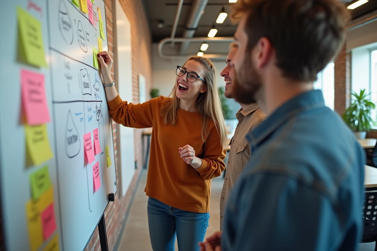 Équipe diverse en séance de brainstorming stratégique autour d'un tableau blanc dans un espace de coworking