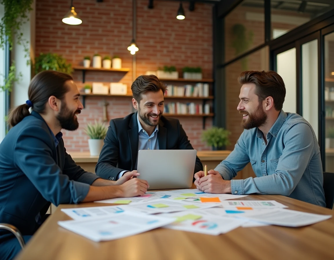 Équipe de professionnels en séance de brainstorming stratégique dans un espace de coworking