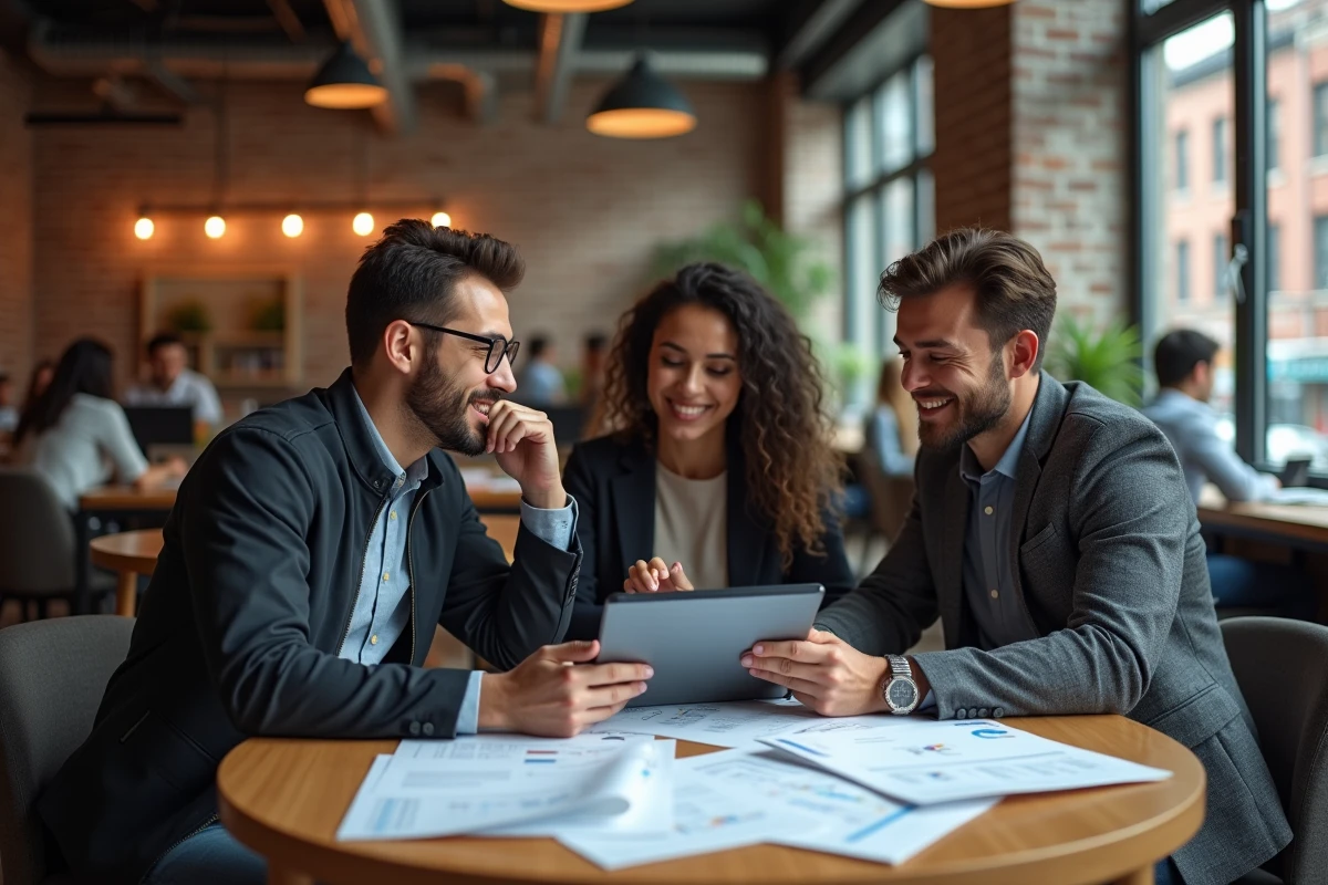 Équipe de professionnels collaborant autour de ressources business en ligne dans un espace de coworking
