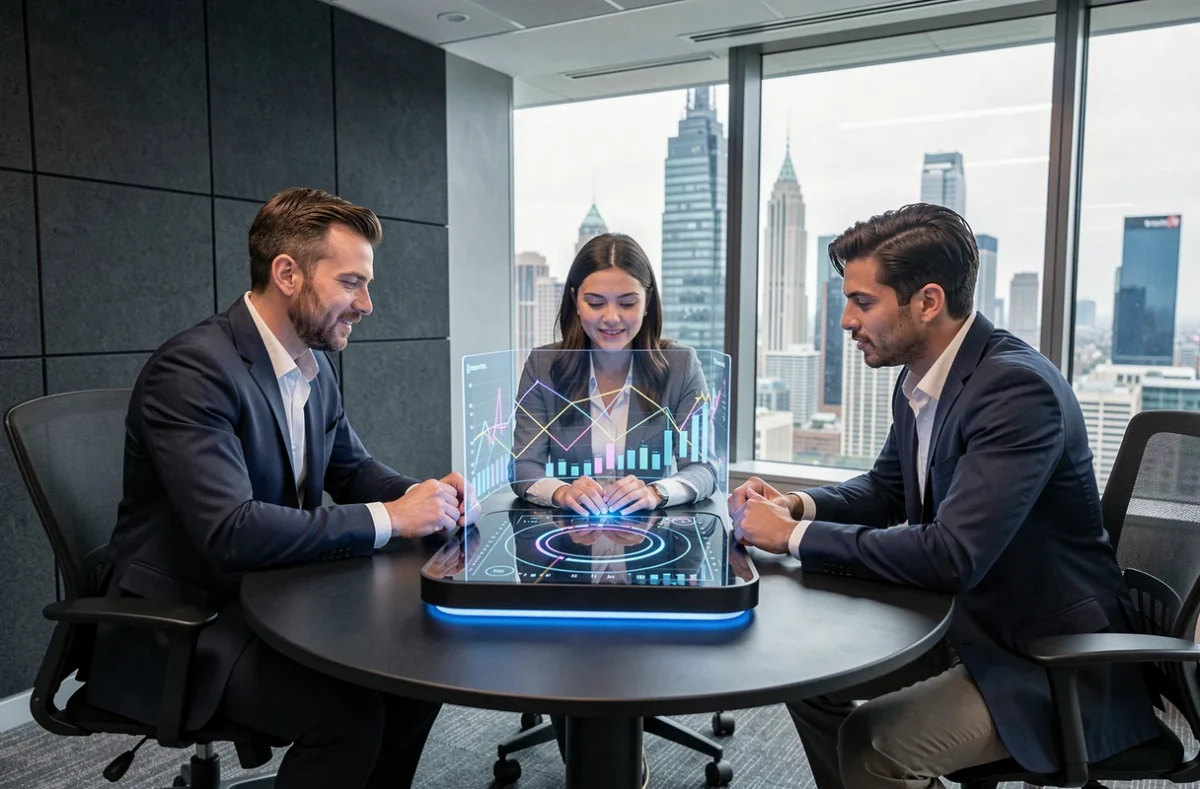 Équipe multiculturelle de professionnels collaborant autour d'une table connectée affichant des projections de données économiques mondiales en réalité augmentée