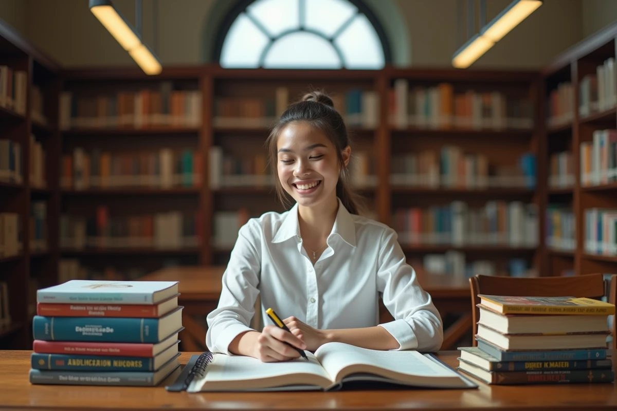Jeune femme étudiant la didactique et la pédagogie dans une bibliothèque universitaire entourée de manuels académiques