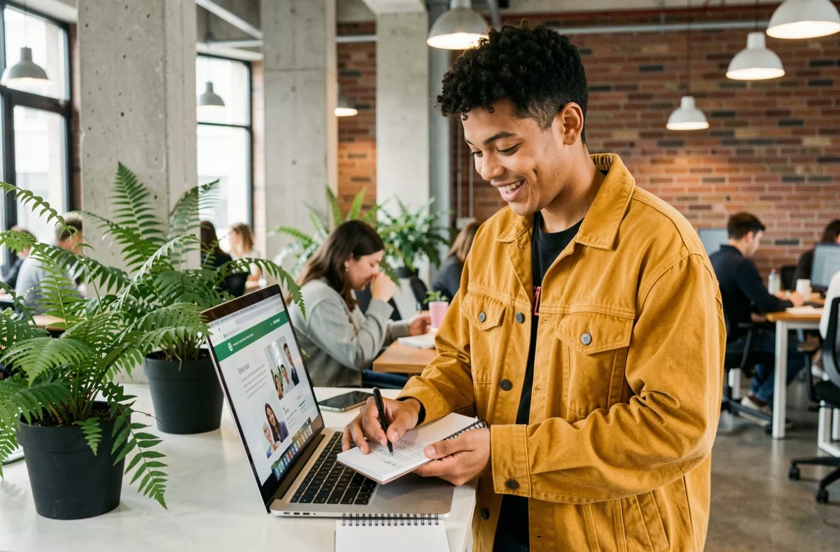 Jeune adulte explorant des pistes de carrière en ligne dans un espace de coworking moderne pour trouver sa voie professionnelle