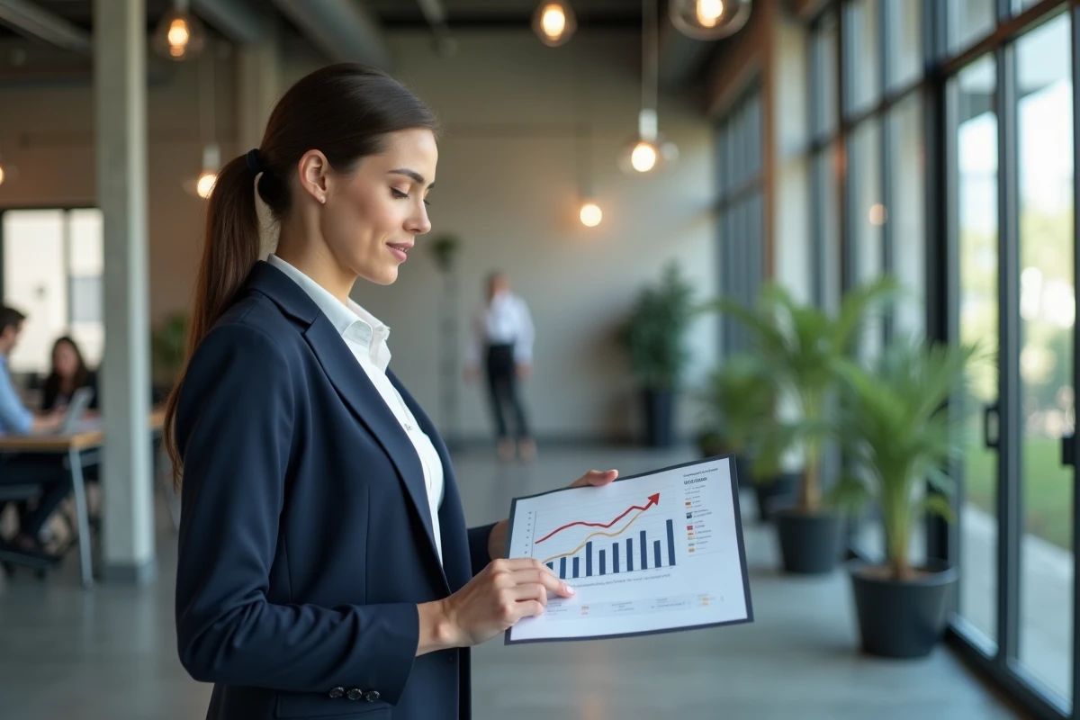 Femme d'affaires confiante analysant un graphique de croissance dans un bureau moderne en 2024