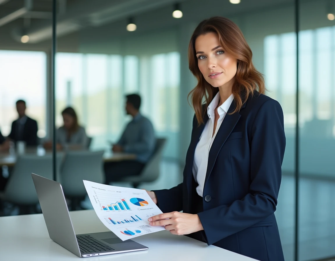 Femme d'affaires analysant des graphiques de croissance dans une salle de réunion moderne