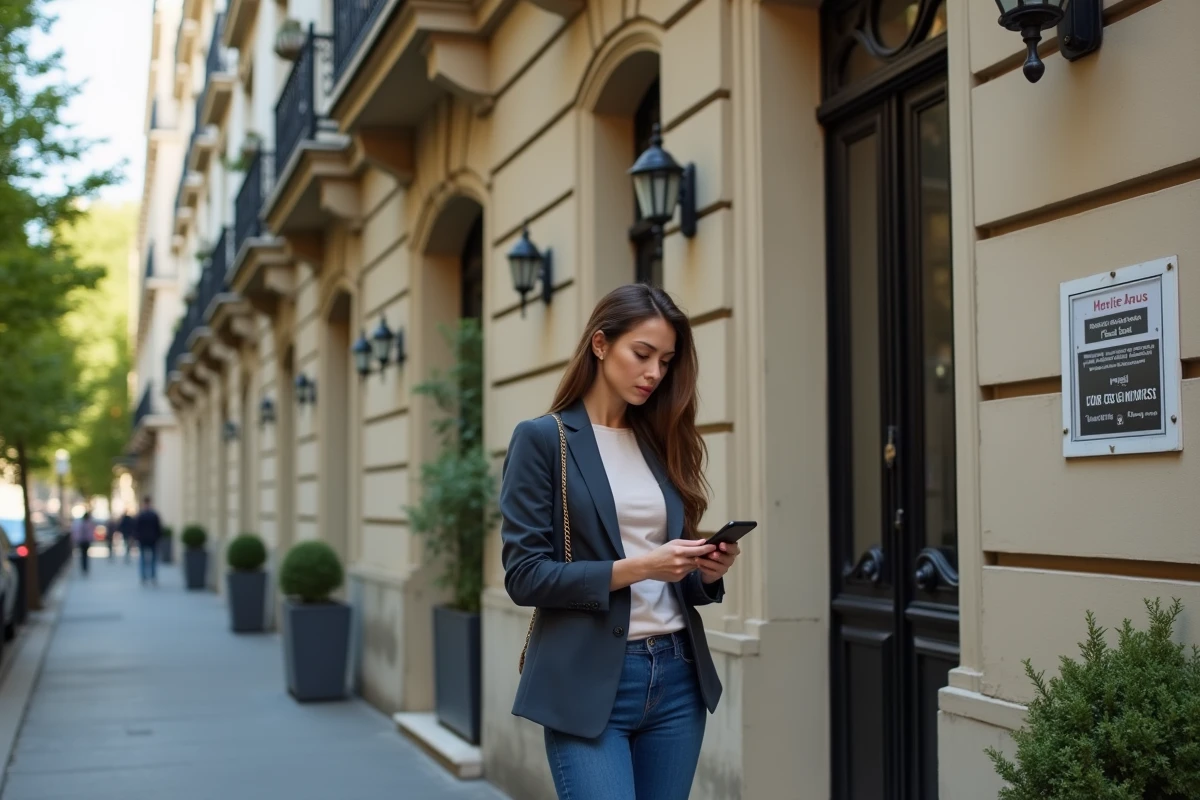 Jeune femme regardant une annonce immobiliere devant un immeuble parisien