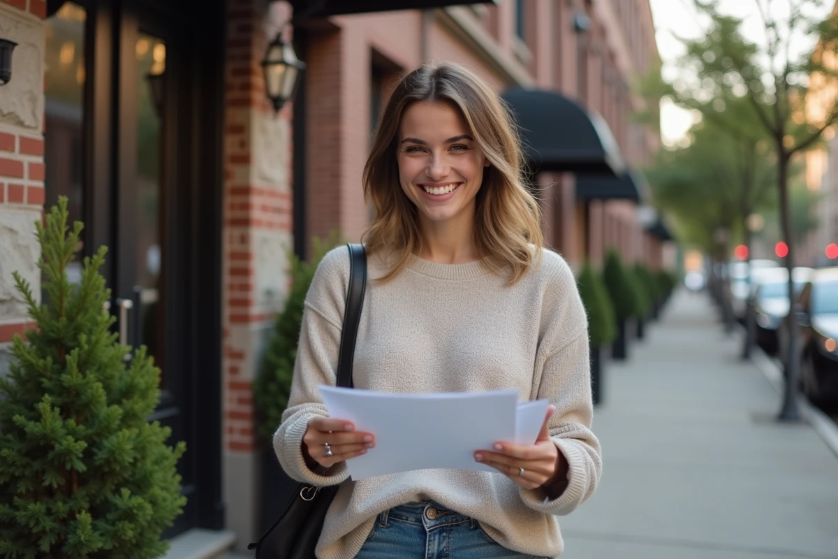 Jeune femme souriante devant un immeuble résidentiel avec des clés en main