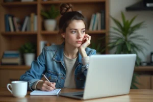 Jeune femme concentrée travaillant à son bureau cosy