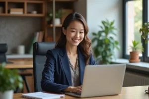 Jeune femme concentrée sur son ordinateur dans un bureau moderne