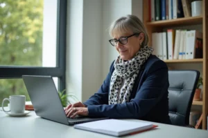 Femme d'âge moyen en blazer navy travaillant à son ordinateur dans un bureau universitaire