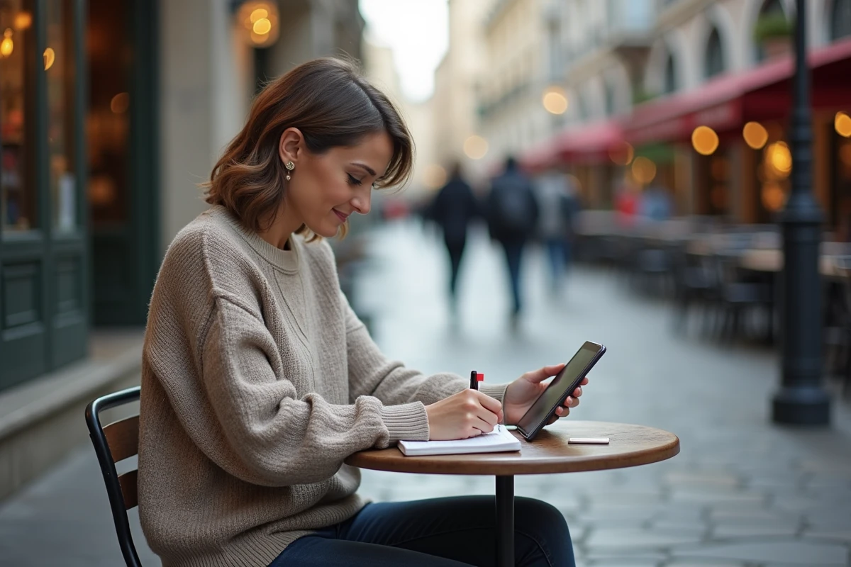 Femme prenant des notes au café en extérieur