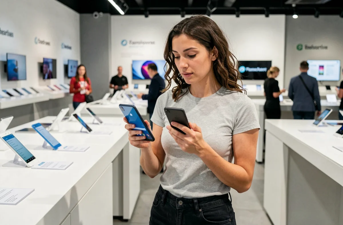 Femme comparant deux smartphones Android dans un magasin de téléphonie, nouveautés et tests d'appareils innovants