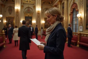 Femme élégante en blazer navy au théâtre Palais Royal