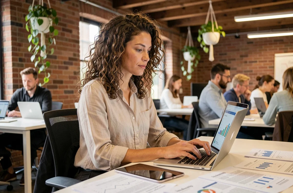 Femme entrepreneur analysant des données économiques sur ordinateur dans un espace de coworking moderne avec ambiance collaborative
