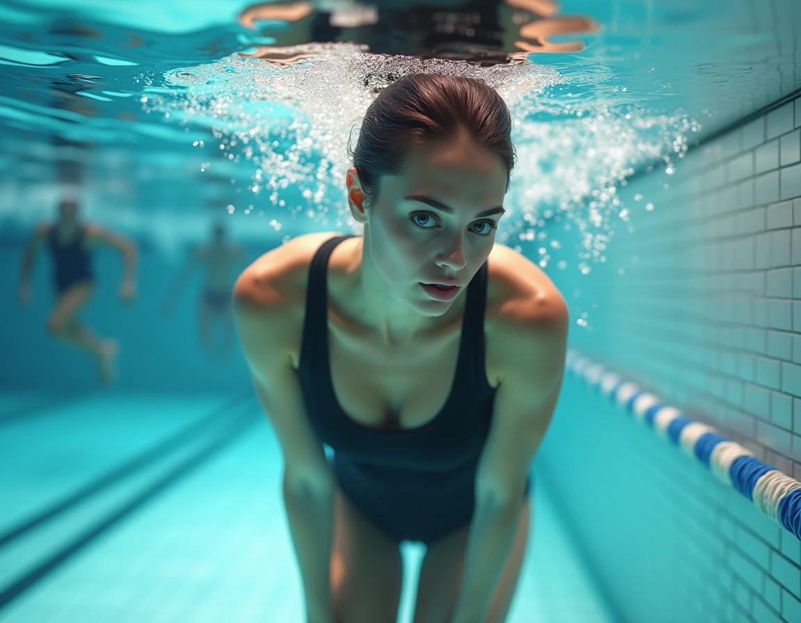 Femme à la musculature dense observant sa flottabilité réduite sous l'eau dans une piscine intérieure