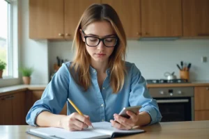 Jeune femme note ses dépenses dans une cuisine lumineuse