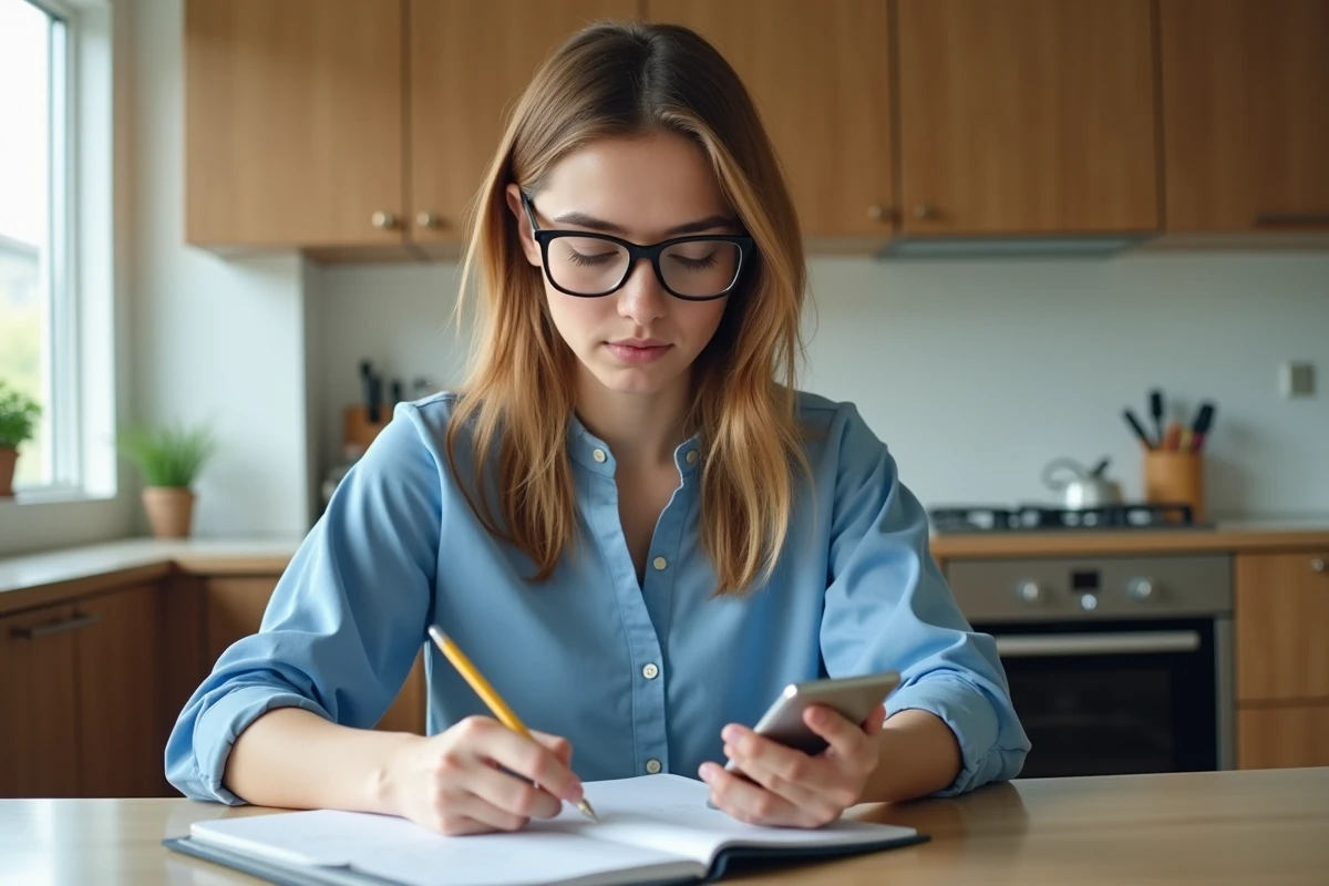 Jeune femme note ses dépenses dans une cuisine lumineuse