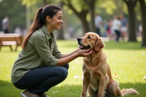 Femme agenouillée dans un parc caressant un golden retriever, illustration de conseils et guides sur les chiens