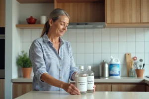 Femme comparant bouteilles d'alcool à la maison