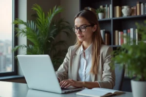 Femme concentrée travaillant sur son ordinateur à domicile