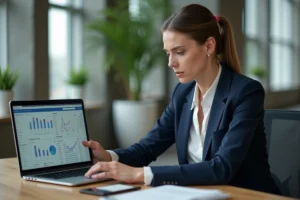 Femme professionnelle utilisant des ressources business en ligne sur un ordinateur portable dans un bureau moderne