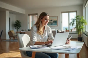 Femme souriante recherchant des biens immobiliers sur son ordinateur