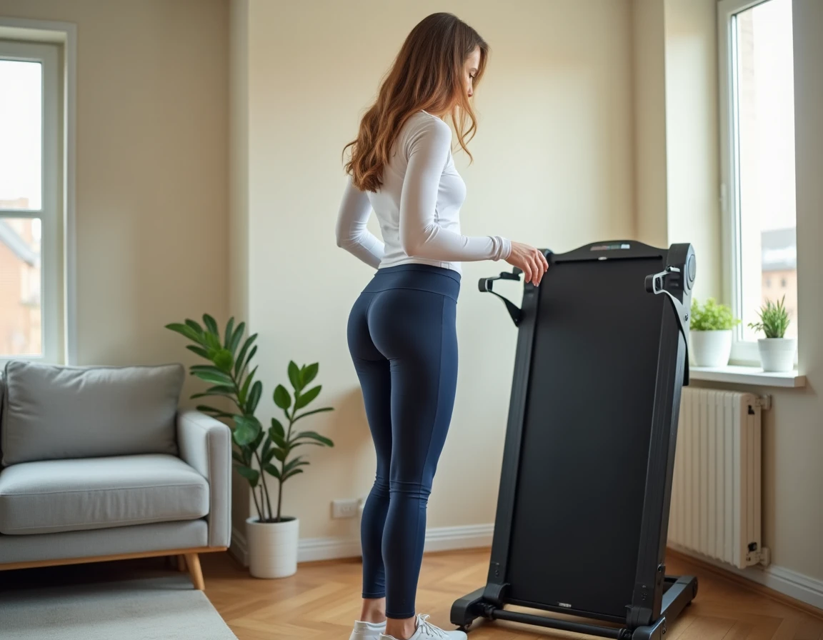 Femme évaluant un tapis de course Sportstech F17 replié dans un appartement moderne