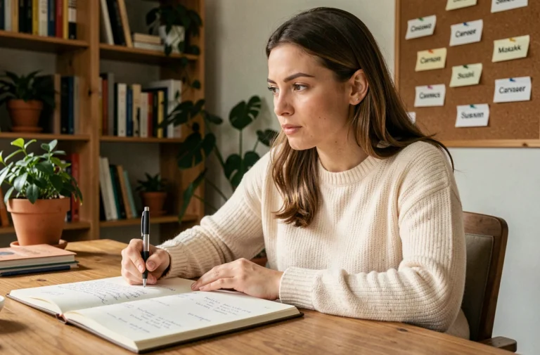 Femme réfléchissant à sa carrière idéale en remplissant un test de personnalité dans un bureau à domicile chaleureux