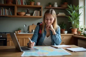 Femme souriante planifiant son voyage à la maison
